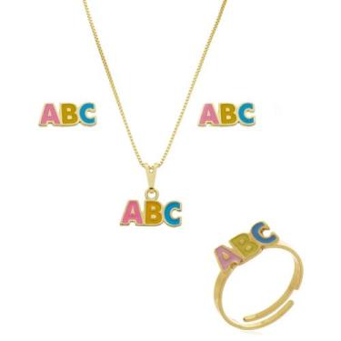 Imagem de Conjunto Colar +Brinco +Anel ABC menina Em banho de Ouro 18k - Joias D