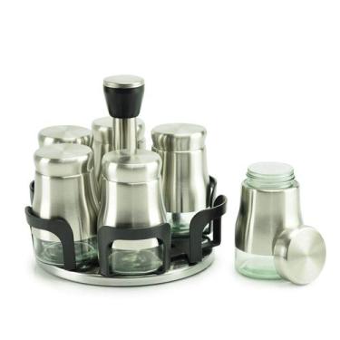 Imagem de Porta Tempero Inox e Vidro Luxo com 6 Potes - Unyhome