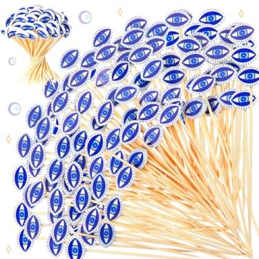 Imagem de Tioncy 100 palitos de coquetel com olho turco, palitos de coquetel de 12 cm para aperitivos, espetos decorativos de bambu, decorações de olho turco, palitos de comida de frutas azuis para suprimentos