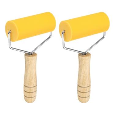 Imagem de HARFINGTON 2 rolos de massa de silicone de 19,3 cm x 4,3 cm, cabo de madeira, rolo de fondant antiaderente, rolo de massa para assar biscoitos, argila, amarelo
