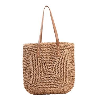 Imagem de ZNMDOK Bolsa feminina de palha, bolsa de praia de verão, grande, rede de pesca, bolsa de ombro, Cáqui quadrado, Square