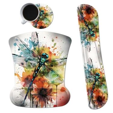 Imagem de Dikoer Mouse pad ergonômico com suporte de pulso, mouse pads de gel e teclado atualizado, conjunto de almofadas de descanso de pulso, base de poliuretano antiderrapante para escritório, jogos, laptop, casa, libélula