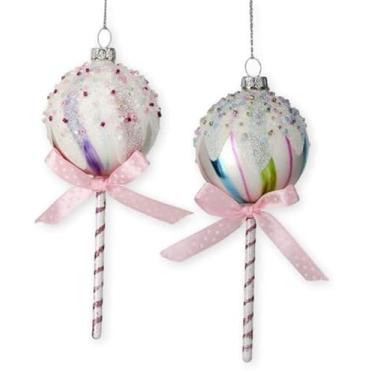 Imagem de The Bridge Collection Enfeites de pirulito de vidro com detalhes em glitter – Conjunto de enfeites de Natal para sugadores de doces de 5 a 15 cm – Enfeites de bolo pop