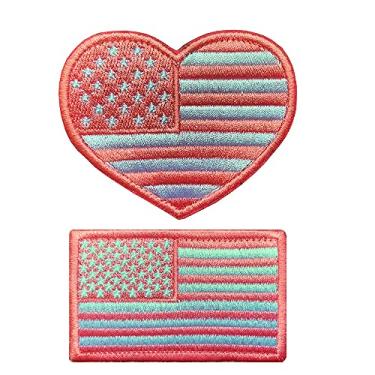Imagem de Antrix 2 pacotes de aplique rosa da bandeira americana, aplique tático com a bandeira dos EUA em forma de coração e amor rosa para costurar em aplique americano rosa para mulheres, roupas, mochilas, bolsas, chapéus, jeans, jaquetas (ferro)