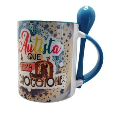 Imagem de Caneca com colher Azul Autista que ama Chocotone + chaveiro - Coleção 