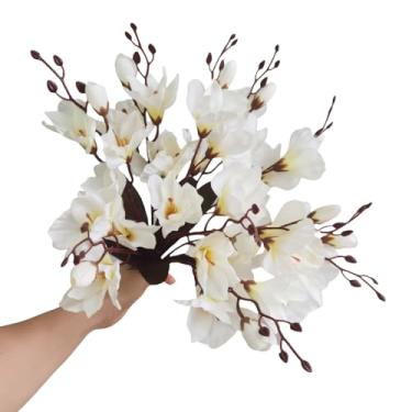 Imagem de DODXIAOBEUL 2 peças de buquê de flores de seda de magnólia artificial, orquídeas falsas, orquídeas de seda que parecem reais para decoração de casa, buquê de casamento, plantas artificiais ao ar