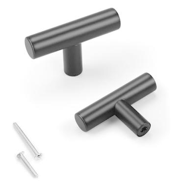 Imagem de KNOBWELL Pacote com 5 puxadores e puxadores de gaveta de aço inoxidável preto, maçanetas de armário preto fosco, puxadores de gaveta de cômoda para cozinha e banheiro - furo único 50 mm/2"