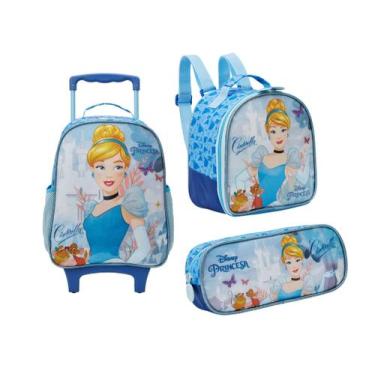 Imagem de Kit Mochila Com Carrinho e Rodas com Lancheira e Estojo Cinderela - Xe