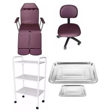 Imagem de Kit Podologia Vinho Maca Cadeira Carrinho Mocho E Bandejas - Fiscomed