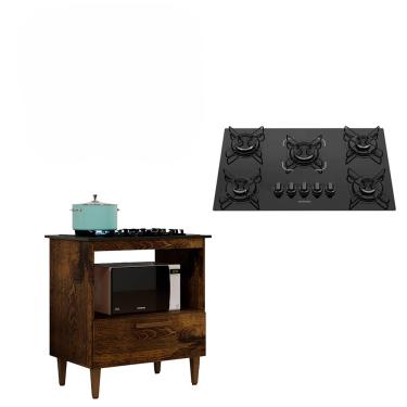 Imagem de Kit Balcão Eliz 1 Porta Ypê com Fogão Cooktop 5 Bocas Itatiaia Preto
