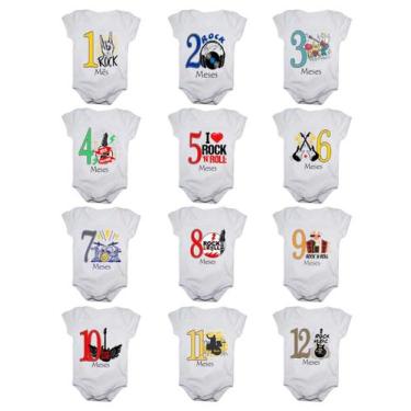 Imagem de Kit body bebê mesversario manga curta Rock In Roll 12 bodies 1 a 12 me