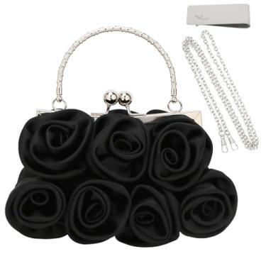 Imagem de kilofly Bolsa clutch Missy K 7 Roses, cetim, com alça destacável e clipe para dinheiro, Preto, 8.6 Inch