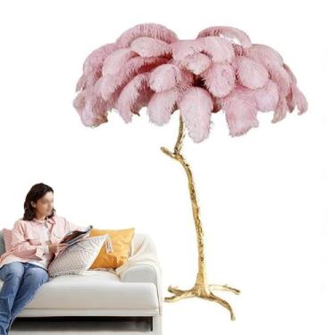 Imagem de Candeeiro de piso de penas de avestruz natural, corpo de resina dourada, lâmpada de LED regulável para o chão, plumas, lâmpadas de cabeceira, iluminação de leitura, lâmpada de ângulo alto com pedal
