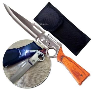 Imagem de Canivete Automático com Lâmina de Aço Inox, Lanterna Embutida e Segura