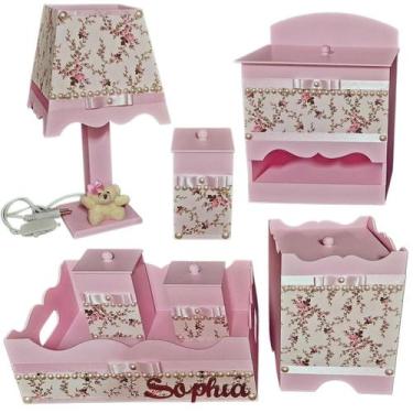Imagem de Kit Higiene bebê Mdf menina 7 pçs - ROSA COM BRANCO FLORIDO E PÉROLAS 