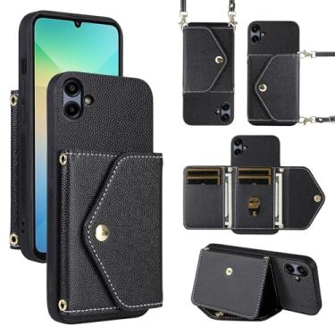 Imagem de Dibosom Capa carteira minimalista para Samsung Galaxy A05 com alça de ombro, bolsa flip fina e fina, suporte de cartão de crédito de couro PU acessórios para celular Ao5 A 05 mulheres homens preto
