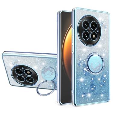 Imagem de MRRSIWEI Capa para OnePlus 13/1+13 para mulheres e meninas, capa à prova de choque com flores brilhantes e brilhantes com suporte de anel para OnePlus 13. Flores azuis