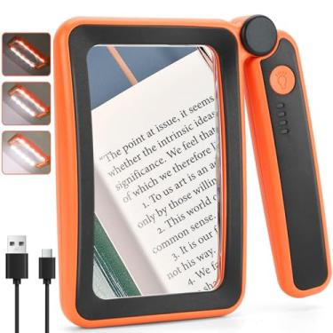 Imagem de Tobegiga Lupa Recarregável Com Luz Para Leitura, Lupa Grande De 5X Iluminada Para Idosos Com Baixa Visão, Lupa Retangular Portátil Dobrável Para Leitura De Letras Pequenas Laranja-Preto