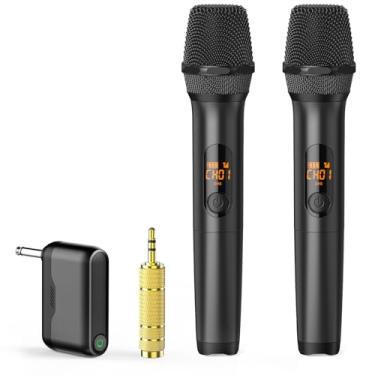 Imagem de Microfones sem fio, microfones duplos UHF profissionais para karaokê, sistema de microfone dinâmico sem fio com receptor de canal duplo, plug and play, fala, casamento, igreja, sistema de PA, máquina