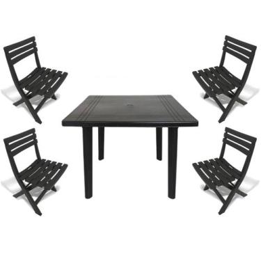 Imagem de Mesa Quadrada Plástico Desmontável 90cm Preta + 4 Cadeiras Dobráveis -