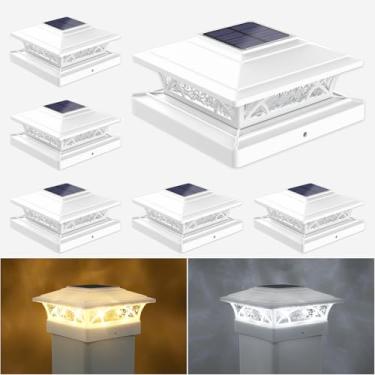 Imagem de JOFIOS Luzes de poste solares para ambientes externos, 6 unidades, postes de cerca de convés brancos alimentados por energia solar com 16LEDS 2 modos de iluminação, 4 x 4/5 x 5/6 x 6 luzes de poste de