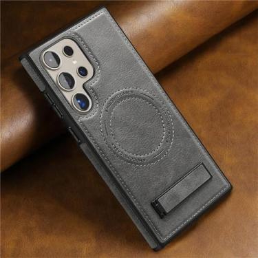 Imagem de HPQWN Para S24 Ultra Luxo Couro Magnético Dobrável Suporte Case Carregamento Sem Fio À Prova de Choque Capa Macia (Para S24 Ultra/Cinza)