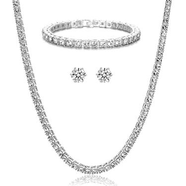 Imagem de HH BLING EMPIRE Adulto Unissex Corrente de Tênis de Diamante Gelado para Homens, Colares de Tênis de Diamante Falso Para, Conjuntos de Colar/Pulseira/Brincos de Diamante de 5 Mm (Conjunto de 5 Mm-Prata-20)