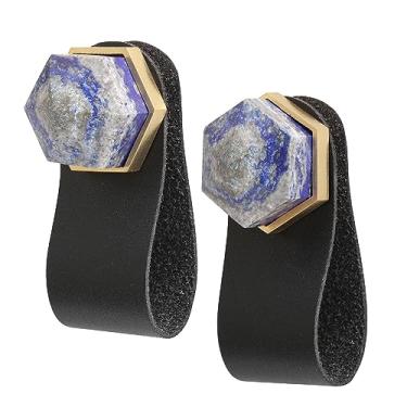 Imagem de SUNYIK Pacote de 2 maçanetas hexagonais para armário de ponta de cristal com parafusos de pedra polida puxador de gaveta puxadores decorativos com pingente de couro preto, lápis-lazúli