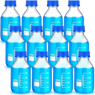Imagem de Irenare 12 garrafas de armazenamento de mídia, vidro de borossilicato, redondo, graduado, frasco de mídia graduado com tampa de rosca azul Gl45 para líquidos reagentes de água de laboratório (500 ml)