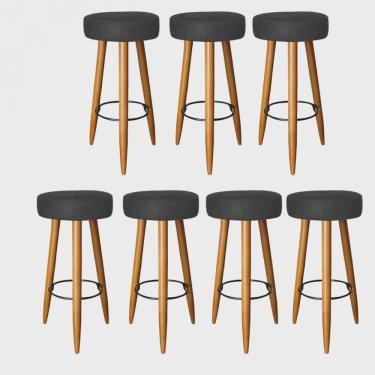 Imagem de Kit 07 Banqueta Alta Lia Para Cozinha Bar Balcão Bistrô Pé Palito Castanho Tecido Sintético Preto - Ahz Móveis