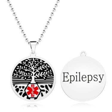Imagem de Oneress Colar de identificação com símbolo médico vermelho, pingente personalizado de informações de emergência, joia médica de árvore de vida de aço inoxidável, alerta de saúde personalizado para