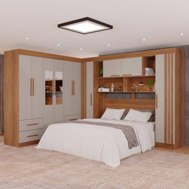 Imagem de Guarda-Roupa Casal Modulado Andorra 10 Portas 4 Gavetas Ripado com Espelho Cinamomo/Off White - Pnr Móveis