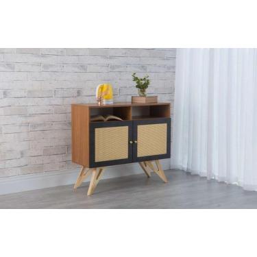 Imagem de Balcão Buffet Mdf Freijó Pés Taeda 2 Portas Com Nicho Preto E Palhinha