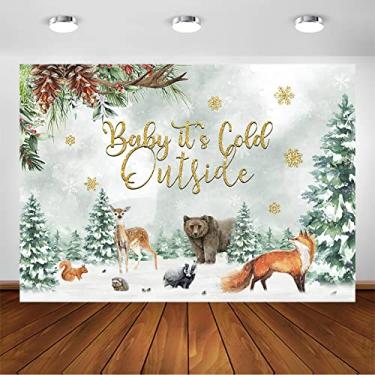 Imagem de Avezano Baby It's Cold Outside Pano de fundo de chá de bebê Gênero Neutro Floresta Floresta Inverno Fundo de chá de bebê Baby It's Cold Outside Party Decoration Photoshoot (2,4 x 1,8 m)