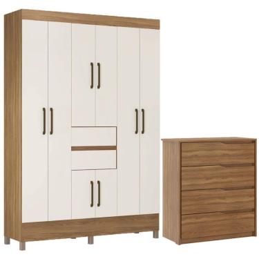 Imagem de Kit Guarda Roupa Casal 8 Portas Munique Cômoda Atria Amêndola Touch Off White