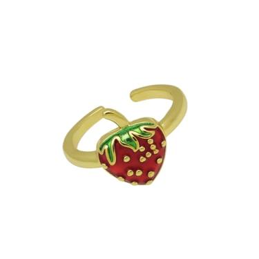 Imagem de Lindo anel de coquetel aberto de morango para mulheres, adorável esmalte vermelho, fruta doce, aberto, ajustável, banhado a ouro 18 k, alimento para comida, anéis para filha, ajuste confortável, moda