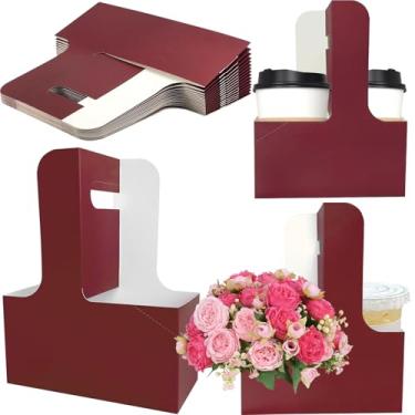 Imagem de Pacote com 50, 2 xícaras, porta-bebidas com alça para 2 ou 4 xícaras de papelão kraft, porta-copos para entrega de café, bebidas, caixa de embalagem floral, aniversário, dia das mães, formatura, festa