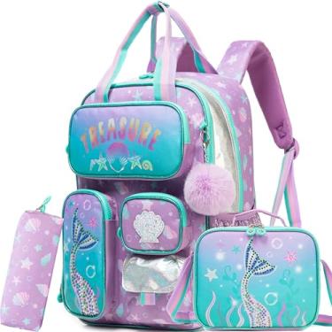 Imagem de MYHSBYO Mochilas infantis para meninas, mochila escolar com lancheira, mochila escolar para meninas, linda bolsa de livros para jardim de infância, Uma sereia azul, 16.5" x 11.8" x 7", Moderno