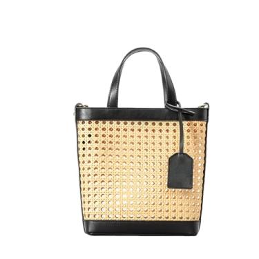 Imagem de Bolsa feminina de palha de tecido para praia, bolsa balde de verão, alça superior, bolsa de mão com cordão, bolsas de vime, Preto