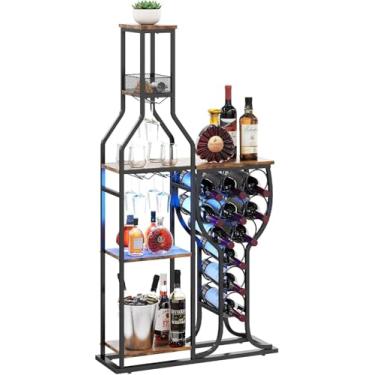 Imagem de Rack de vinho independente de 5 níveis com suporte para copo de vinho suspenso e prateleiras de armazenamento, mini mesa de bar com 11 garrafas, rack de vinho para licor, rack de vinho com