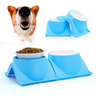 Imagem de Potes Tigelas Elevado Cães Comedouro Pet Agua Ração Bebedouro Alto Cachorro Bem Estar Pet Animal de Estimação Pequeno Média (Azul)