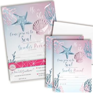 Imagem de Convites de revelação de gênero sob o mar - 20 cartões de chá de bebê preenchidos com concha do mar com envelopes - Convites de festa de revelação de gênero tema oceano por AmandaCreation