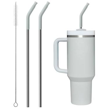 Imagem de Bluwing Canudo de metal com ponta de silicone para copo Stanley de 850 g, 2 peças de substituição de canudos de aço inoxidável para Stanley Copo de viagem Adventure Quencher de 850 g, 1 pincel de