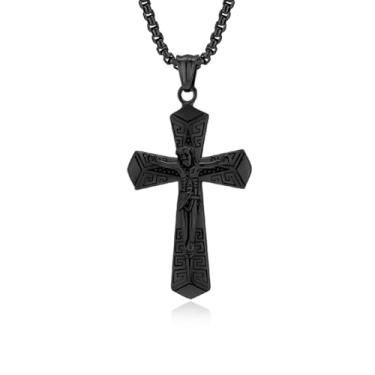 Imagem de Aprila Colar masculino com cruz de chave inglesa, aço inoxidável, preto, ouro, prata, crucifixo Jesus, joia cristã, corrente de 60 cm, Aço inoxidável, Sem Pedra Preciosa