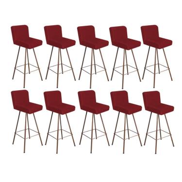 Imagem de Kit 10 Banqueta Alta Lexi Com Encosto Balcão Ferro Bronze Suede Vermelho
