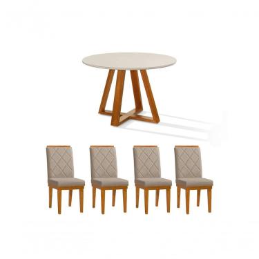 Imagem de Mesa De Jantar Bela Redonda Tampo Vidro/mdf E Pés Madeira