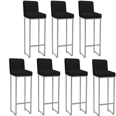 Imagem de Kit 07 Banqueta Alta Com Encosto Lucca -60cm Chão Até O Assento Industrial Ferro Cinza Corino Preto - Amey Decor