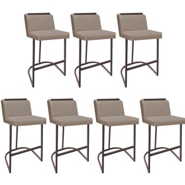 Imagem de Kit 07 Banquetas Com Encosto Nynna Luxo Confort Bistrô Cozinha Ferro Marrom Sintético Bege - Amey Decor