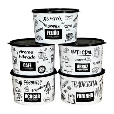 Imagem de Kit 5 Potes Porta Mantimento Alimento Herméticos Decorado - MB, Branco