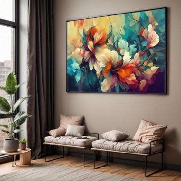 Imagem de Quadro com Moldura Sala Quarto Abstrato Floral Colorido Decorativo Horizontal Grande Hall